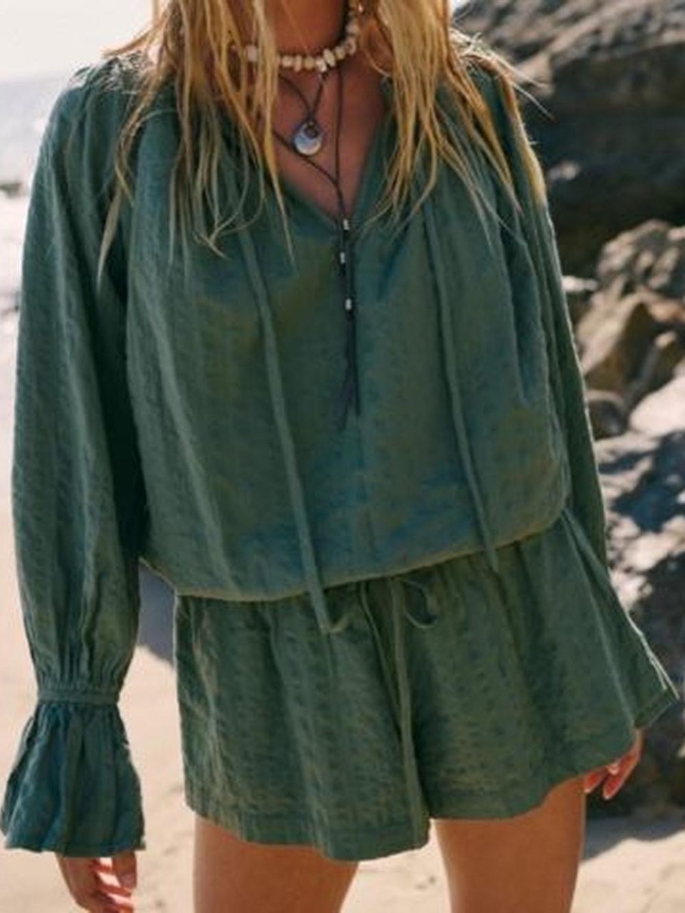 Free People Olive Green Long-Sleeve Romper with Drawstring Waist